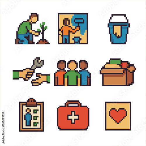 Volunteering Icon Set. Pixel art icon set of community volunteering projects: planting tree, painting mural, cleanup bucket,