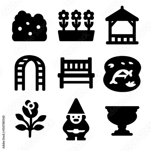 Garden Icon Set. Solid, filled icon set of landscaped gardens: trimmed hedge, flower bed, gazebo, arbor walkway, garden bench, koi