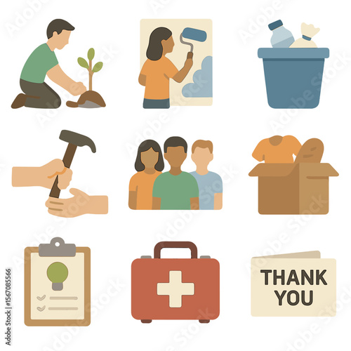 Volunteering Icons Set. Flat icon set of community volunteering projects: planting tree, painting mural, cleanup bucket, handing