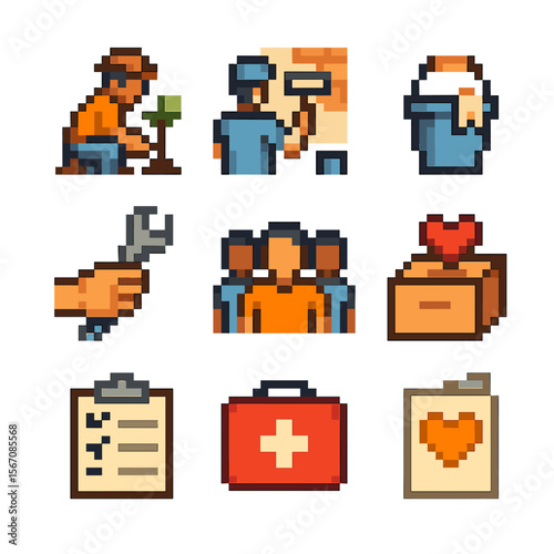 Volunteering Icon Set. Pixel art icon set of community volunteering projects: planting tree, painting mural, cleanup bucket,