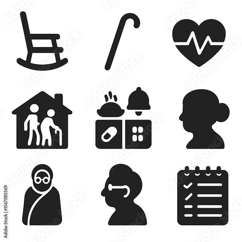 Elder Care Icons. Solid, filled icons set of elder care in family settings: rocking chair, walking stick,