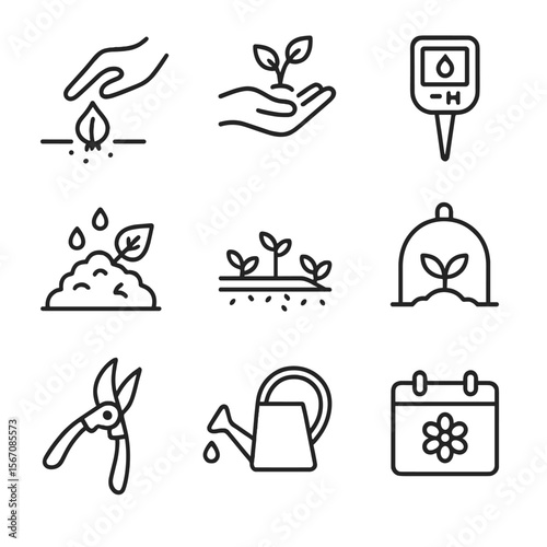 Garden Care Icon Set. Outline icon set of flowerbed planting and seasonal care: bulb planting, seedling transplant, soil testing
