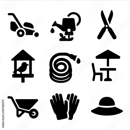Gardening Icon Collection. Solid, filled icon set of May home and garden care: lawn mower, flower watering, hedge trimming, bird