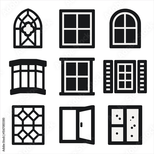 Iconic Window Designs. Solid, filled icon set of old window styles: stained glass window, wooden frame window, arched window, bay