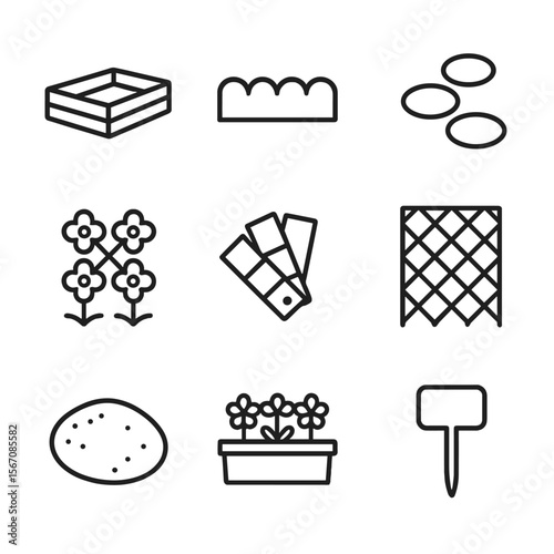 Garden Design Icons. Outline icon set of flowerbed design and layout: raised bed frame, border edging, garden path stepping stones
