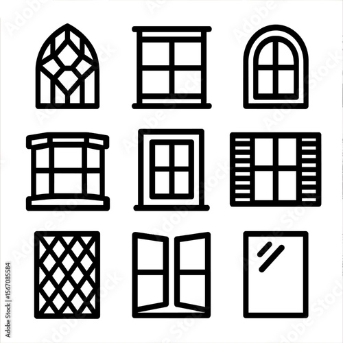 Iconic Window Designs. Solid, filled icon set of old window styles: stained glass window, wooden frame window, arched window, bay