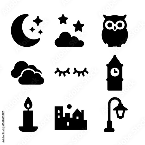Midnight Icon Set. Solid, filled icon set of midnight symbols: crescent moon, stars, owl, night clouds, sleepy eyes, clock tower,