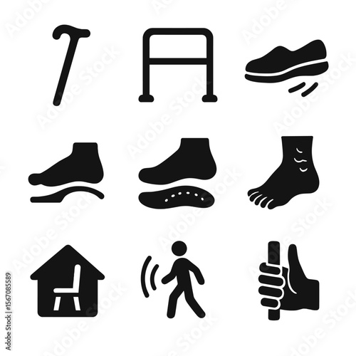 Elderly Comfort Icons. Solid, filled icons set of elderly comfort footwear: cane icon, support rails,