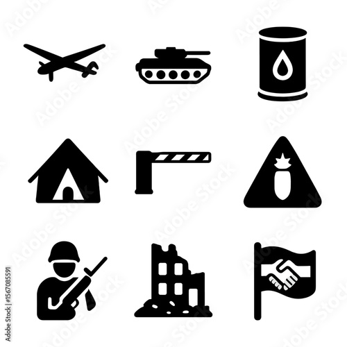 Middle East Conflict Icons. Solid, filled icon set of modern Middle East conflicts: drone, desert tank, oil barrel, checkpoint