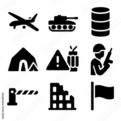 Middle East Conflict Icons. Solid, filled icon set of modern Middle East conflicts: drone, desert tank, oil barrel, checkpoint