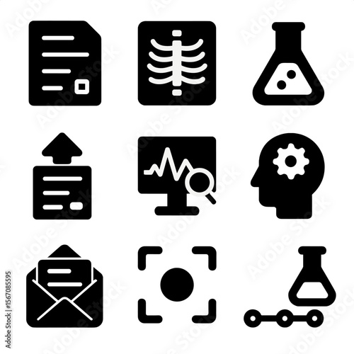 EHR Lab Icon Grid. Solid, filled icons set of lab and imaging results in EHR: test result sheet, X-ray image