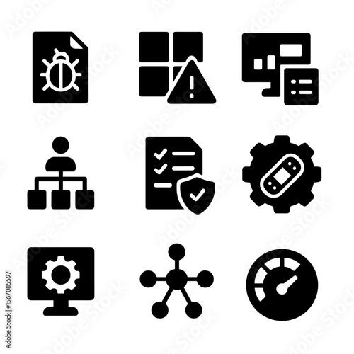 Vulnerability Assessment Icons. Solid, Filled icon set of vulnerability assessment methods: CVE database, risk matrix, asset