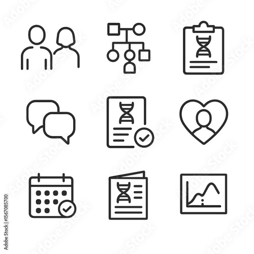 Genetic Counseling Icons. Outline icon set of genetic counseling services: counselor and patient silhouettes, family pedigree