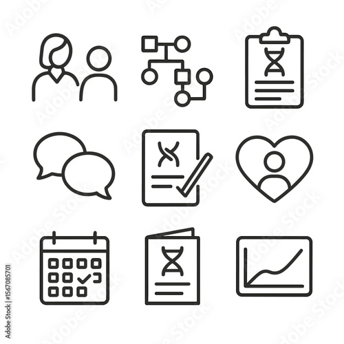 Genetic Counseling Icons. Outline icon set of genetic counseling services: counselor and patient silhouettes, family pedigree