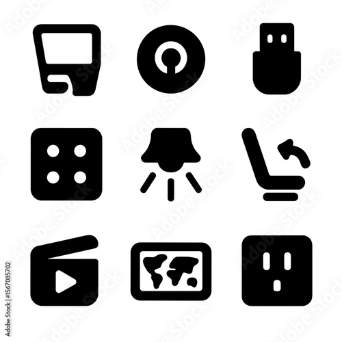 In-Flight Tech Icons. Solid, filled icon set of in-flight passenger tech: seatback screen, headphone jack, USB port, touch control