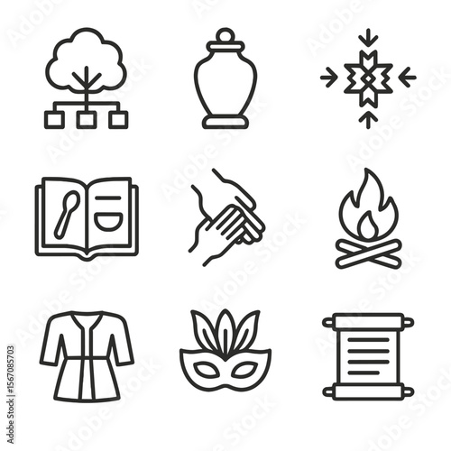 Generational Traditions Icons. Outline icon set of generational traditions and heritage: family tree diagram, heirloom object