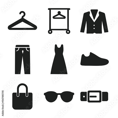 Wardrobe Icon Grid. Flat icon set of wardrobe upgrade: hanger, clothing rack, tailored blazer, denim jeans, statement dress,