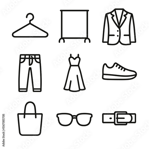 Wardrobe Icon Set. Outline icon set of wardrobe upgrade: hanger, clothing rack, tailored blazer, denim jeans, statement dress,