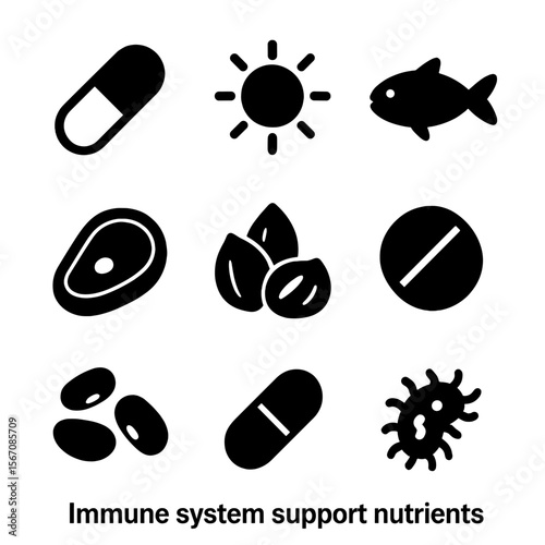 Immune Support Icons. Solid, filled icon set of immune system support nutrients: vitamin C capsule, vitamin D sun, protein steak,