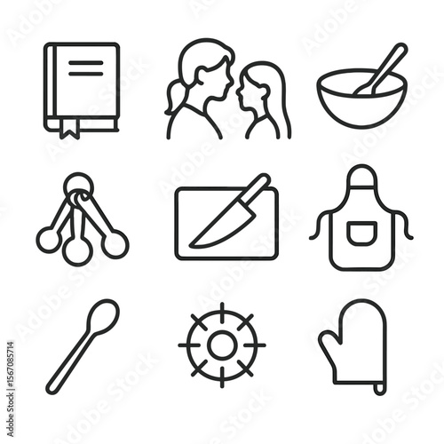 Generational Recipe Icons. Outline icon set of generational recipe sharing: recipe book with bookmark, mother and daughter