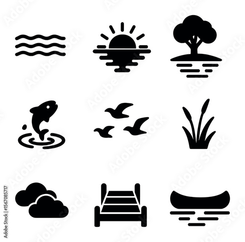 Lakeside Sunset Icons. Solid, filled icons set of lakeside sunset: still water, sun glow, tree reflection,