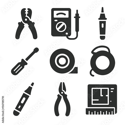 Electrical Tools Icons. Solid, filled icons set of tools for electrical layout: wire stripper, multimeter,