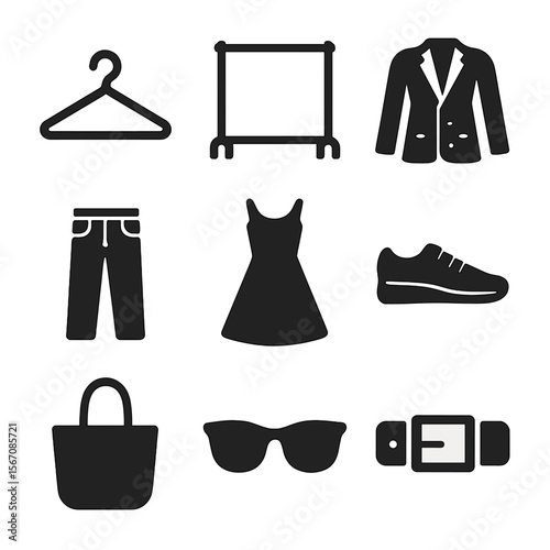 Wardrobe Icon Grid. Flat icon set of wardrobe upgrade: hanger, clothing rack, tailored blazer, denim jeans, statement dress,