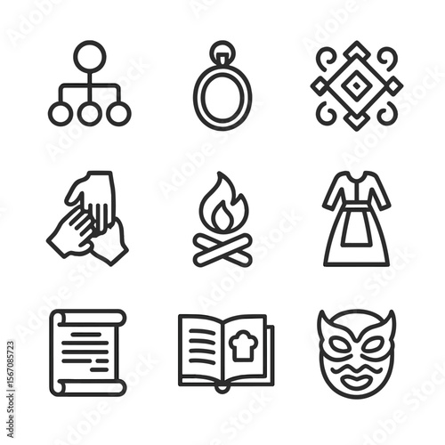 Generational Traditions Icons. Outline icon set of generational traditions and heritage: family tree diagram, heirloom object