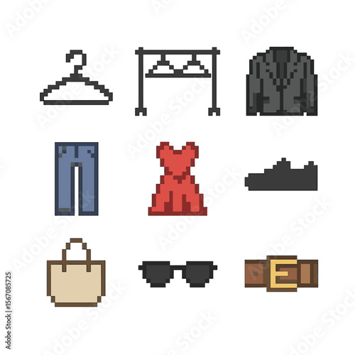 Wardrobe Upgrade Icons. Pixel art icon set of wardrobe upgrade: hanger, clothing rack, tailored blazer, denim jeans, statement