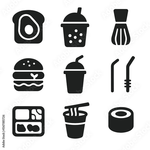 Gen Z Food Icons. Solid, filled icon set of Gen Z & Millennial food trends: avocado toast, bubble tea, matcha whisk, plant-based