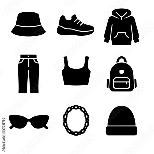Gen Z Fashion Icons. Solid, filled icon set of Gen Z & Millennial fashion trends: bucket hat, sneakers, oversized hoodie,