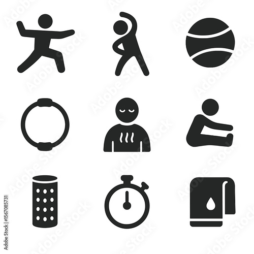 Mindful Movement Icons. Solid, filled icon set of mindful movement activities: tai chi pose, stretching figure, balance ball,