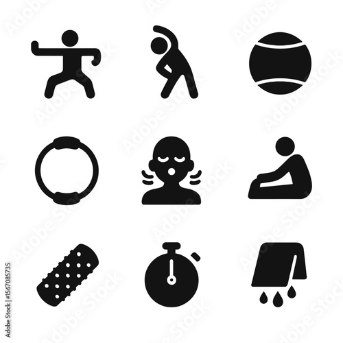 Mindful Movement Icons. Solid, filled icon set of mindful movement activities: tai chi pose, stretching figure, balance ball,