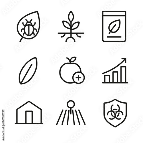 Genetically Modified Crop Icons. Outline icon set of genetically modified crop traits: insect-resistant leaf, drought-tolerant