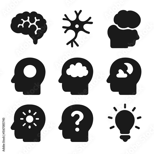 Mind Icon Set. Solid, filled icon set of introspection mind: brain, neuron, thought bubble, memory, imagination, dream cloud,