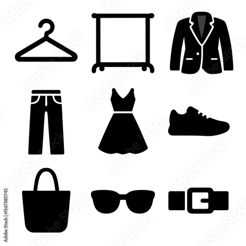 Wardrobe Icon Set. Solid, Filled icon set of wardrobe upgrade: hanger, clothing rack, tailored blazer, denim jeans, statement