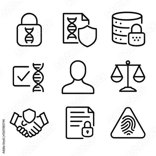 Genetic Data Security Icons. Outline icon set of genetic data privacy and ethics: lock with DNA strand, shield protecting genome