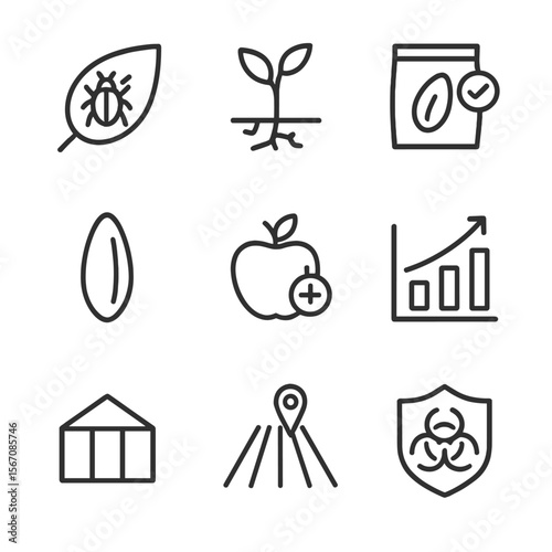 Genetically Modified Crop Icons. Outline icon set of genetically modified crop traits: insect-resistant leaf, drought-tolerant