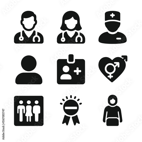 Gender Diversity Icons. Solid, filled icon set of gender diversity in healthcare: male doctor, female doctor, nonbinary medical
