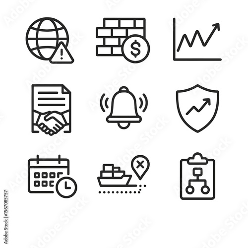 Geopolitical Risks Icons. Outline icon set of geopolitical and risk factors: globe with warning triangle, tariff barrier icon,
