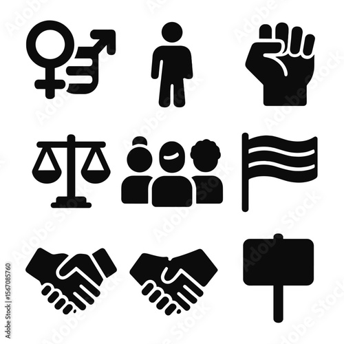 Gender Equality Icons. Solid, filled icon set of gender equality: female and male symbols, equal sign, gender-neutral restroom,