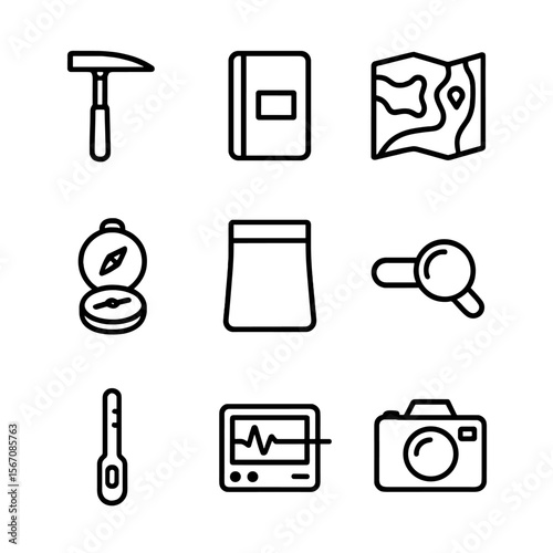 Geological Tools Icons. Outline icon set of geological observation tools: rock hammer, field notebook, geological map, clinometer