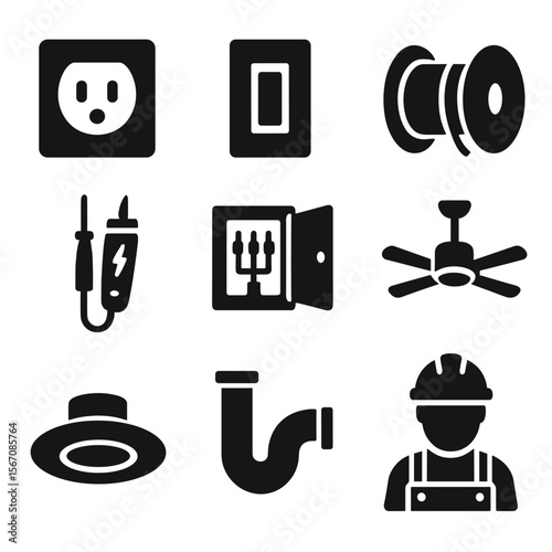 Electrical Icons Set. Solid, filled icons set of electrical rewiring and upgrades: wall socket, light switch,