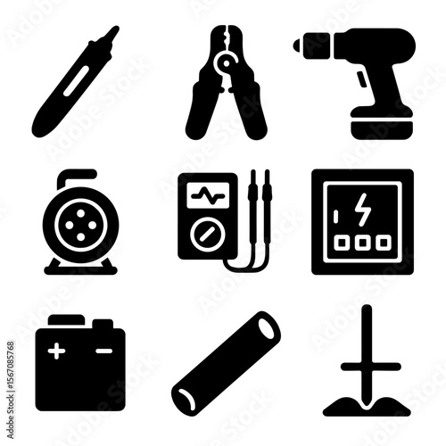 Electrical Tools Icons. Solid, filled icons set of electrical tools in heavy construction: power tester, wire