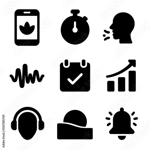 Mindfulness App Icons. Solid, filled icon set of meditation and mindfulness apps: smartphone with lotus, meditation timer,