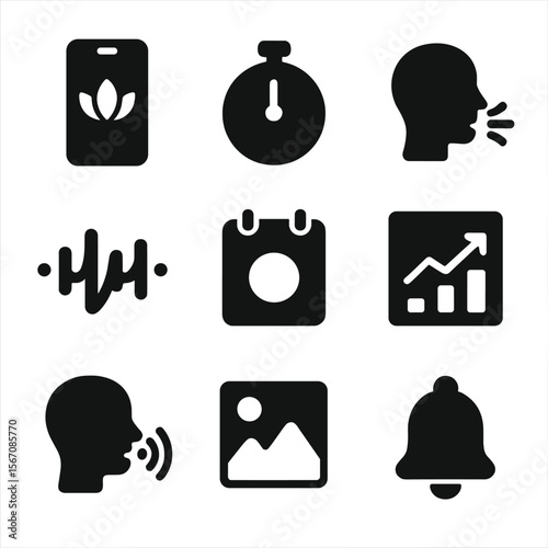 Mindfulness App Icons. Solid, filled icon set of meditation and mindfulness apps: smartphone with lotus, meditation timer,