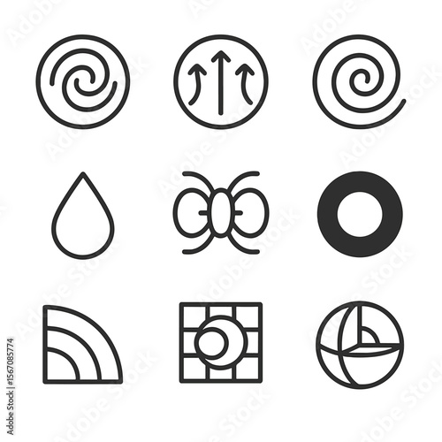 Geodynamo Process Icons. Outline icon set of geodynamo processes: molten outer core swirl, convection current arrows, Coriolis
