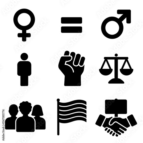 Gender Equality Icons. Solid, filled icon set of gender equality: female and male symbols, equal sign, gender-neutral restroom,