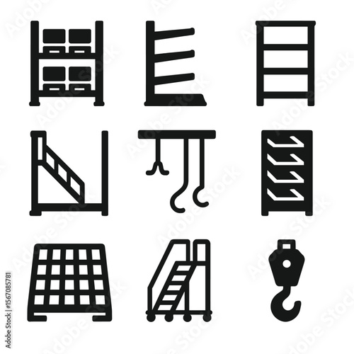 Warehouse Storage Icons. Solid, Filled icon set of warehouse vertical storage: pallet rack uprights, cantilever rack arms,