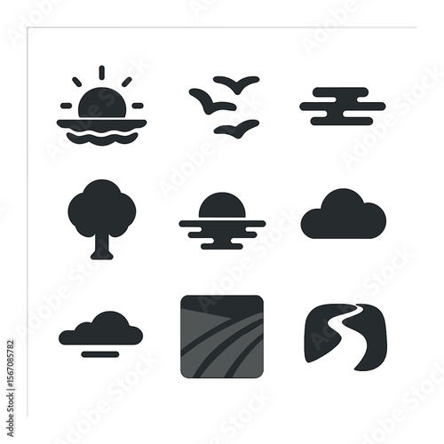 Peaceful Sunrise Icons. Solid, filled icons set of peaceful sunrise: sun, birds, fog, tree, water reflection,